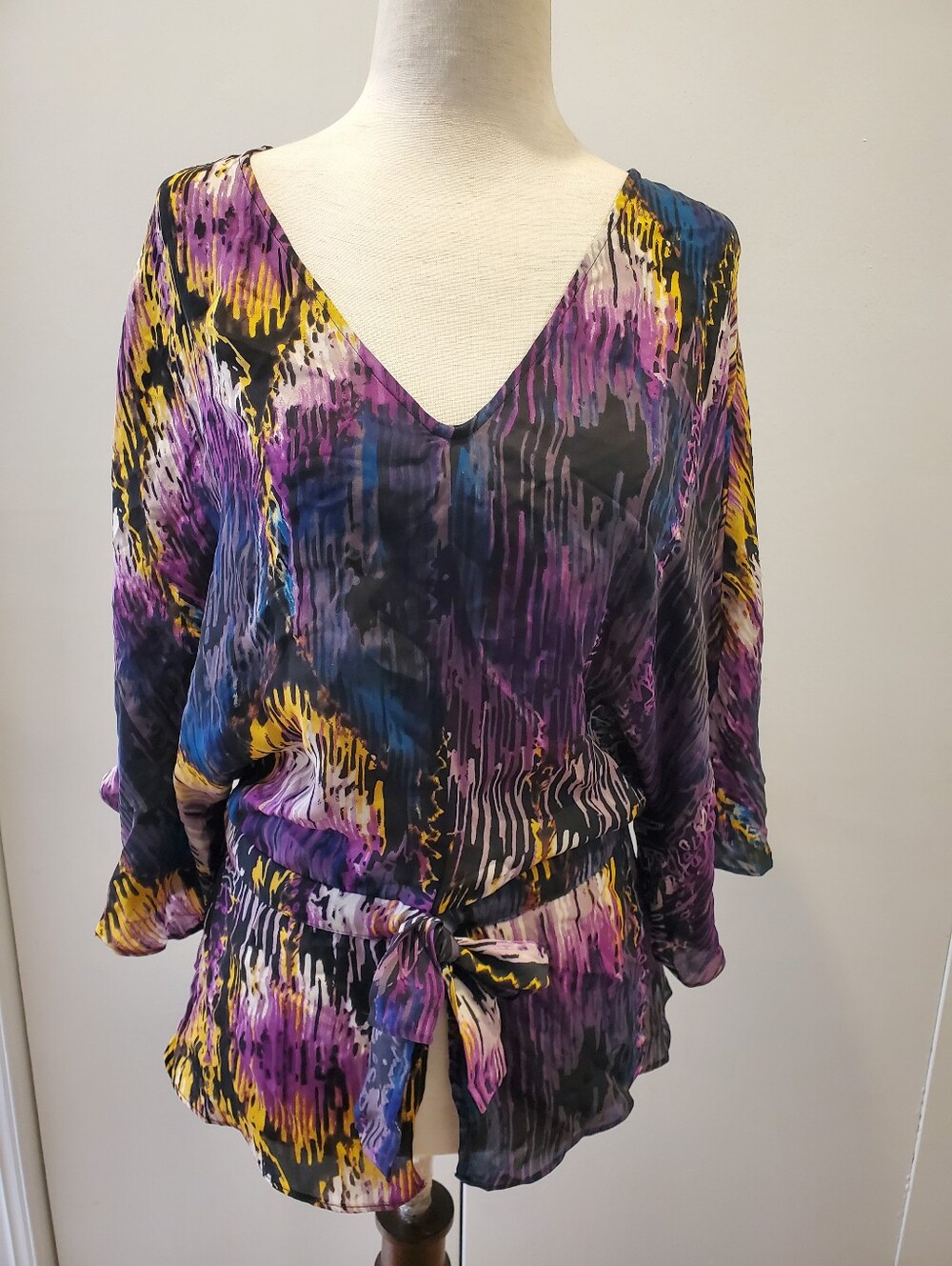 Parker Abstract Watercolor V-Neck Tie-Front Blouse in Purple, Blue & Yellow